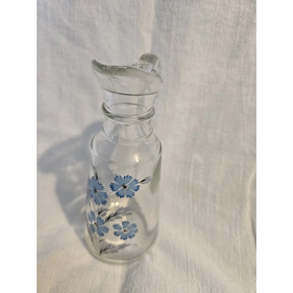Vintage Farmhouse Glass Blue Floral Vinegar or Oil Cruet Syrup Pitcher Small